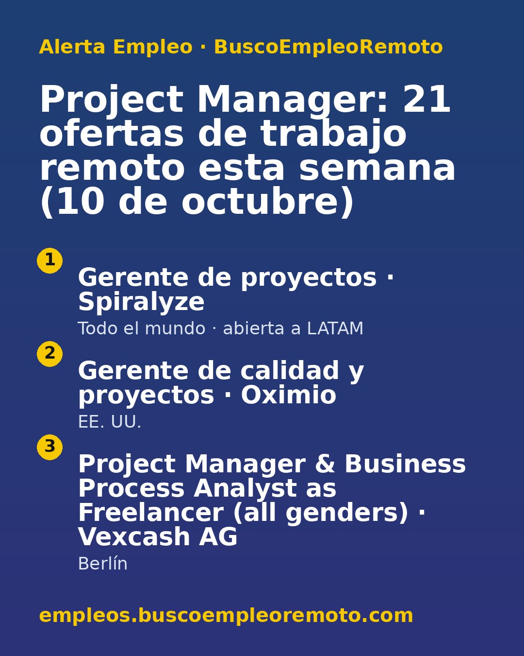 Project Manager: 21 ofertas de trabajo remoto esta semana (10 de octubre) · imagen 1 de 1